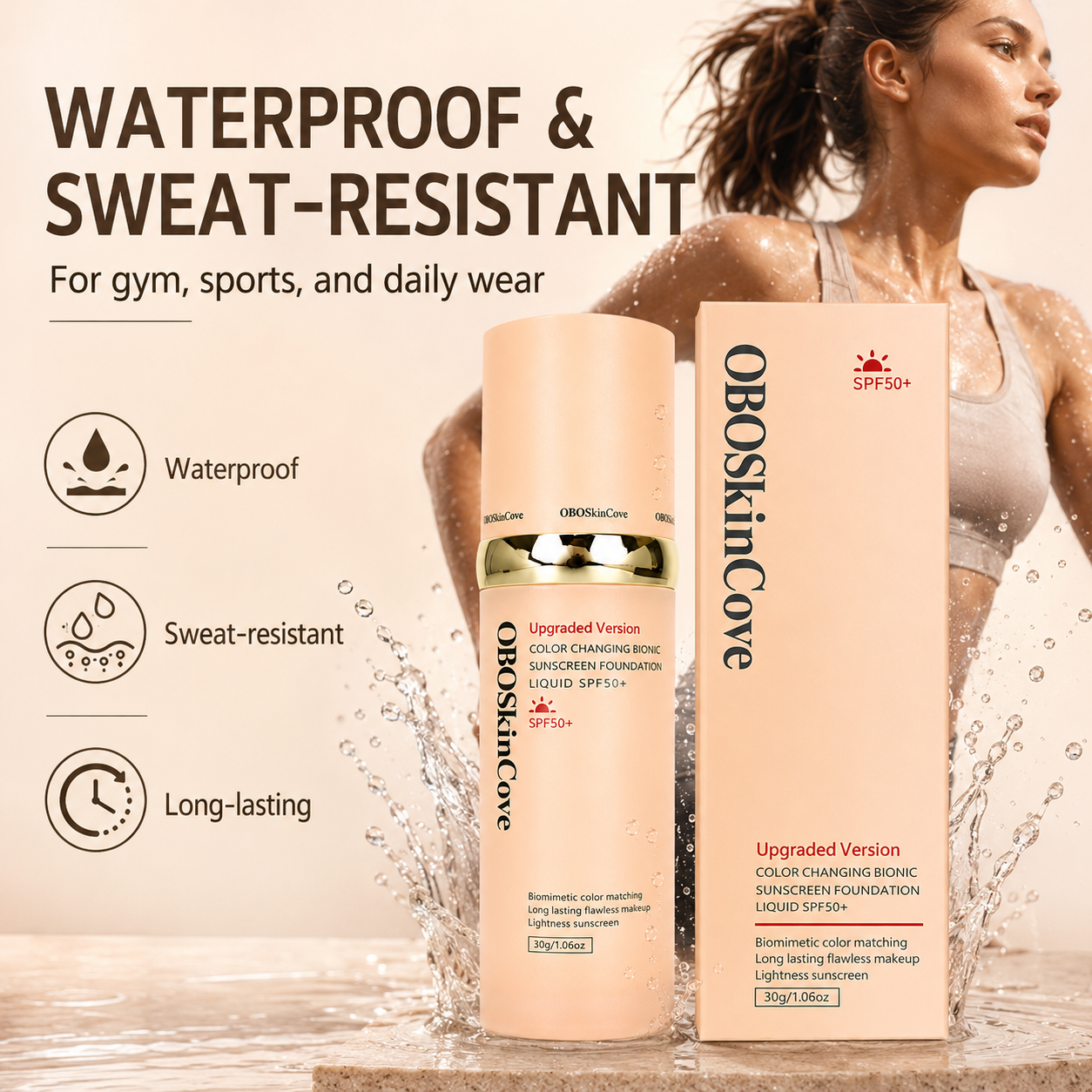 4-In-1 SPF50+++ Foundation, Waterproof Full Coverage Concealer, Moisturizing Evens Skin Tone, Hydrating Medium Shade for Sports & Daily Use