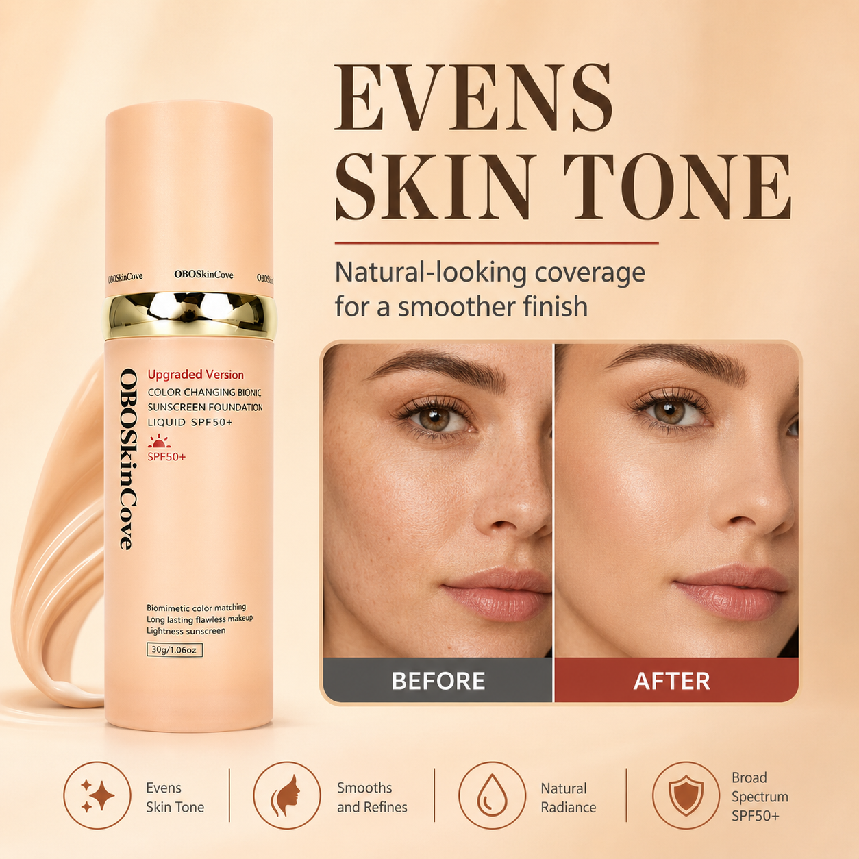 4-In-1 SPF50+++ Foundation, Waterproof Full Coverage Concealer, Moisturizing Evens Skin Tone, Hydrating Medium Shade for Sports & Daily Use
