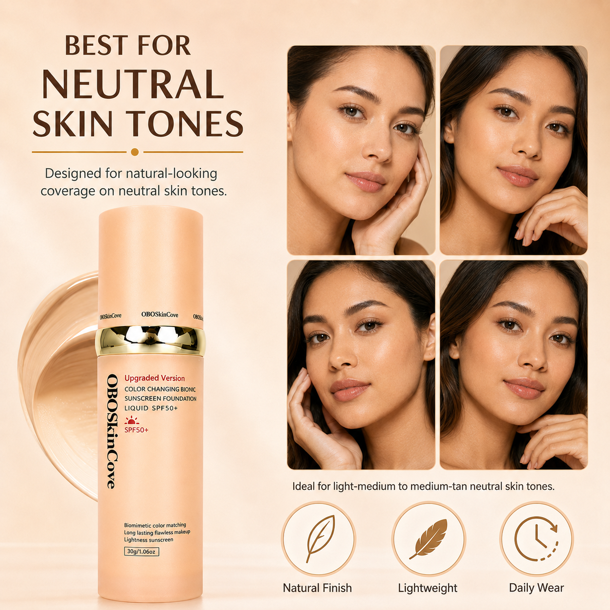 4-In-1 SPF50+++ Foundation, Waterproof Full Coverage Concealer, Moisturizing Evens Skin Tone, Hydrating Medium Shade for Sports & Daily Use