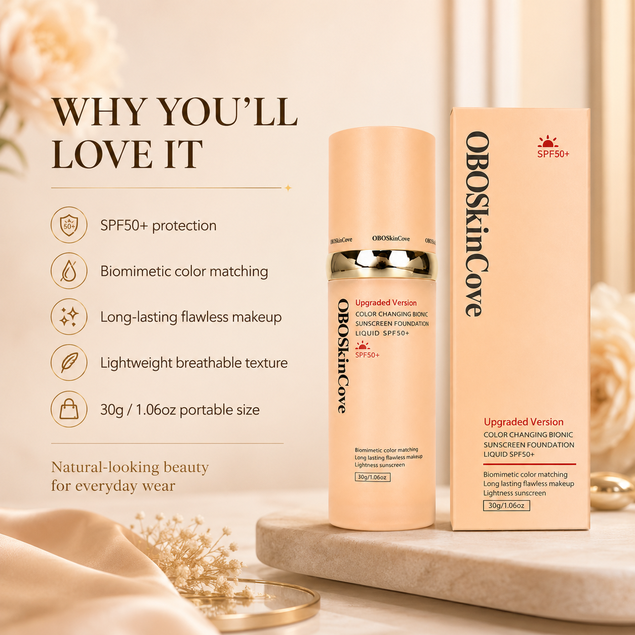 4-In-1 SPF50+++ Foundation, Waterproof Full Coverage Concealer, Moisturizing Evens Skin Tone, Hydrating Medium Shade for Sports & Daily Use