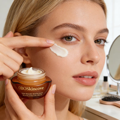 OBOSkinCove eye cream before and after results, visible reduction of fine lines, puffiness and dark circles, brighter eye skin