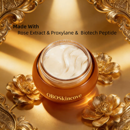 Close-up of OBOSkinCove luxury creamy eye cream texture, fast-absorbing and non-greasy, deeply moisturizes under-eye skin